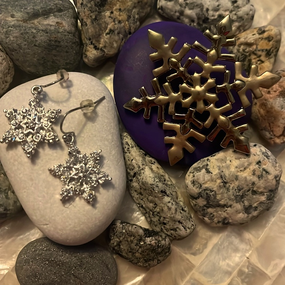 Set of snowflake earrings and a solid silver and gold snowflake pin.